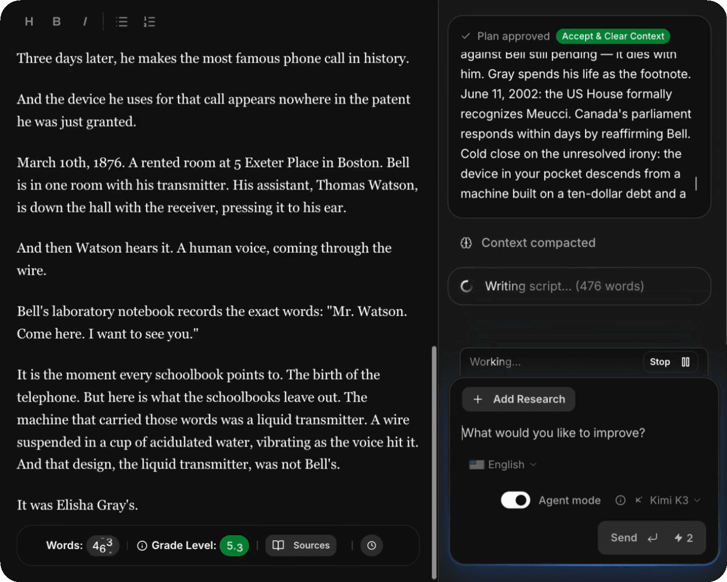 TubeLab Scriptwriter workspace writing a YouTube script with live word count and grade level