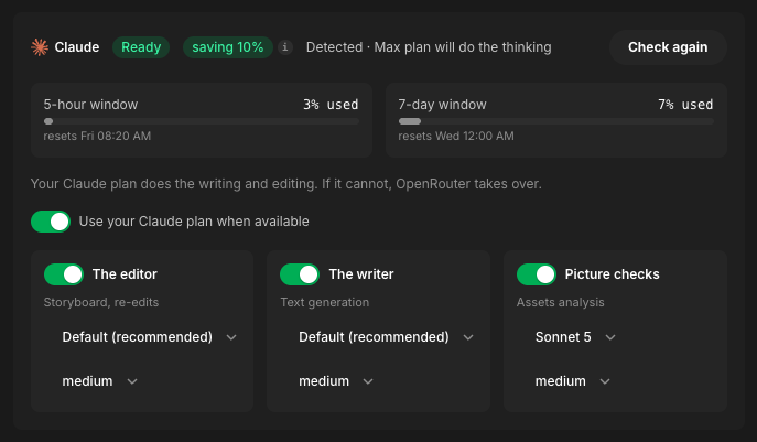 A connected Claude plan in TubeAvatar, with its usage windows and the editor, writer and picture checks it powers
